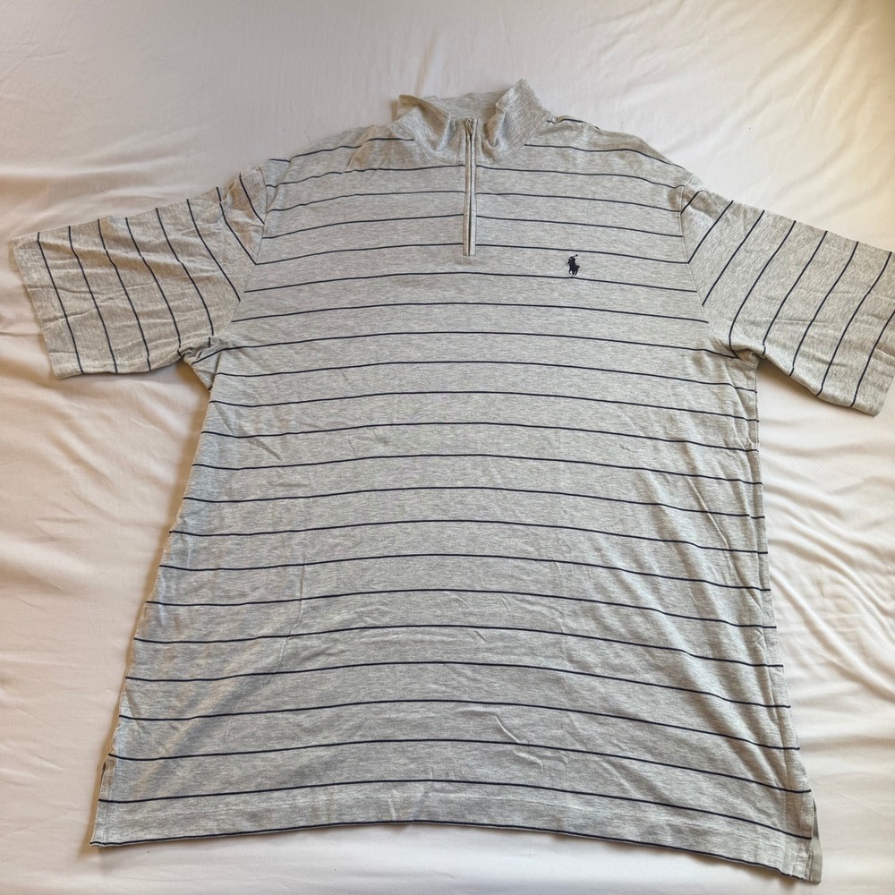 Polo Golf Ralph Lauren Mens L Gray Striped 100% Pima Cotton Quarter Zip Pullover